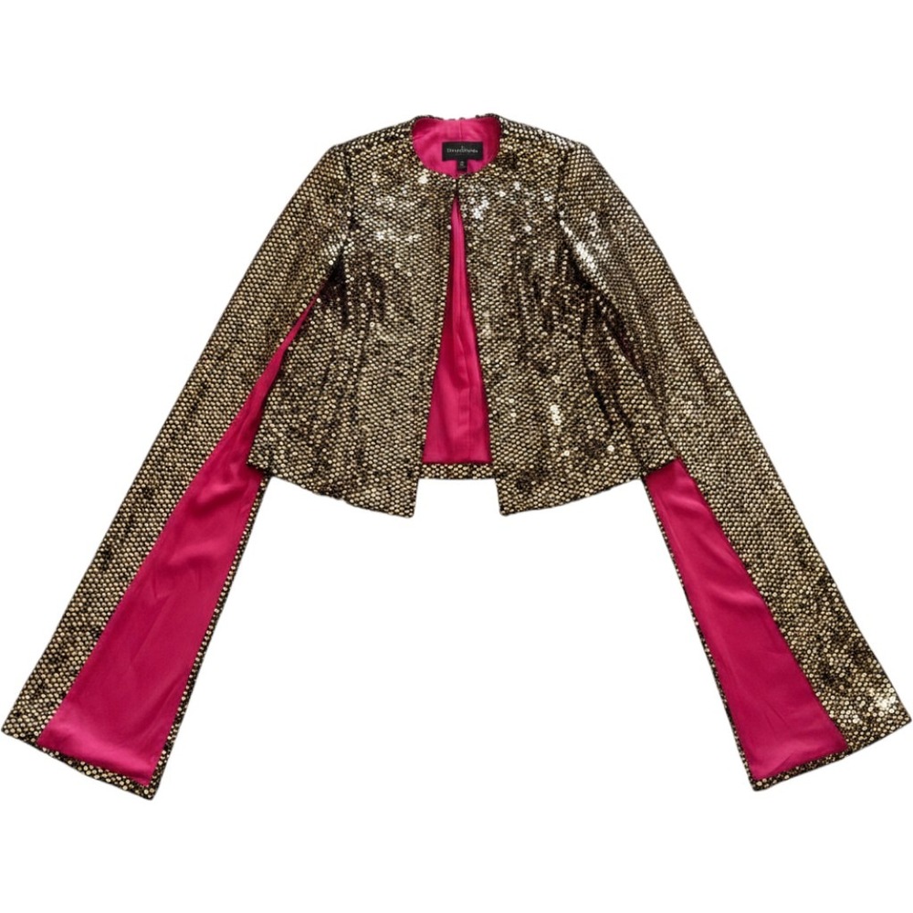 Donna Vinci Couture Gold Sequin Cape Top Skirt Set Pink Lining Plus Size 24